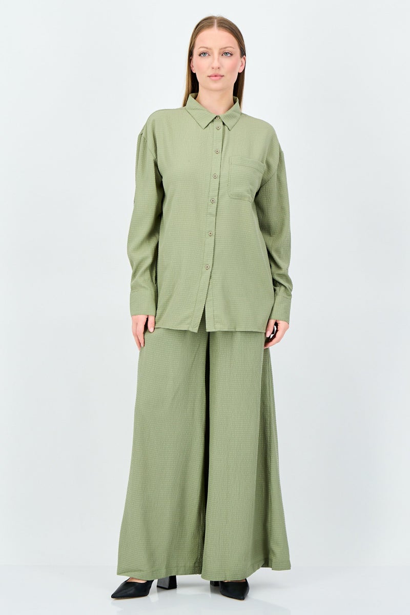 ANNE KLEIN Women 2 Pieces Pointed Collar Long Sleeve Textured Shirt And Palazzo Pants Set, Light Green - Image 1