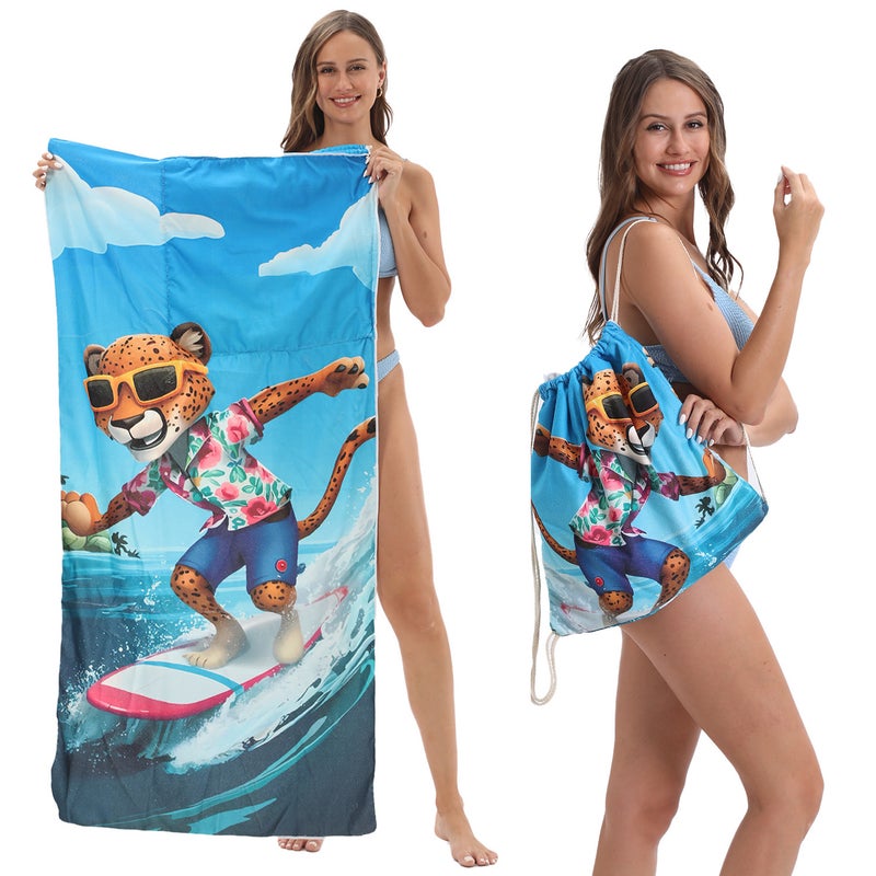 2-in-1 Foldable Microfiber Beach Towel with Storage Bag - Printed, Lightweight & Quick-Dry