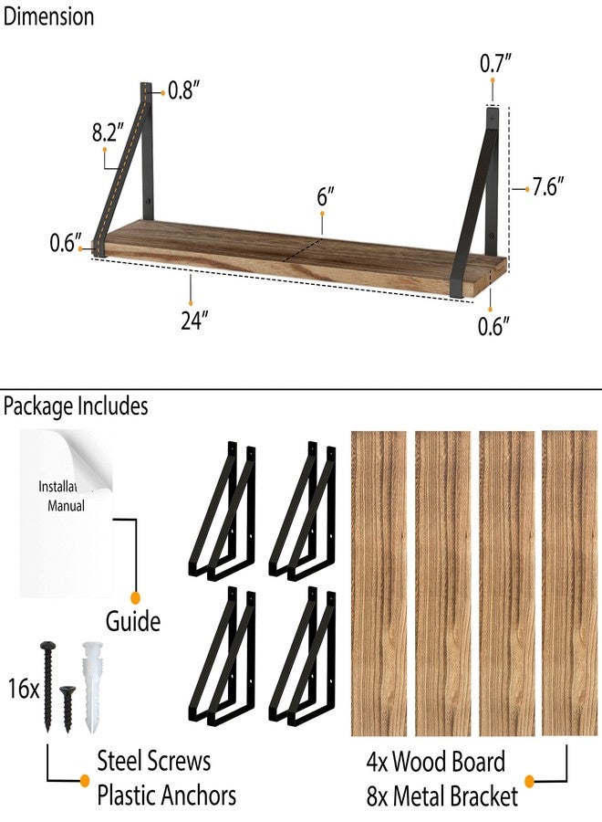 والنيتشر أرفف عائمة من Wallniture طراز Bora، مقاس 24 بوصة × 6 بوصات، مجموعة من 4 أرفف، وحدة رفوف صغيرة لغرفة المعيشة أو المكتب أو غرفة النوم، ديكور حائط من الخشب الطبيعي المحروق الريفي مع دعامة معدنية للرفوف. - Image 5