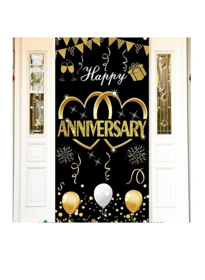 MIXDE Happy Anniversary Door Banner Backdrop Decorations,Large Wedding Anniversary Party Door Cover Sign Supplies,Black Gold Anniversary Photo Booth Poster,Party Supplies - Image 1
