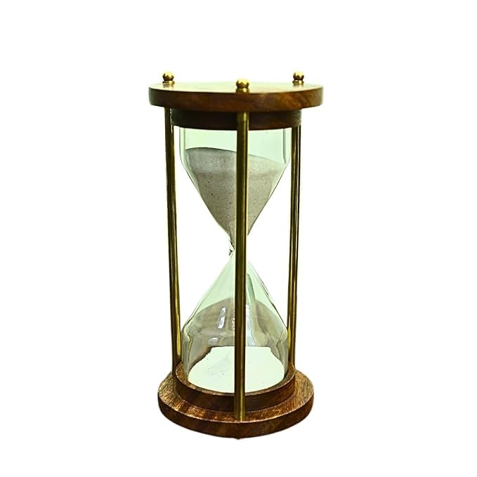 ARTISANAL ADOBE ARTISANAL ADOBE Wooden and Brass 5 Minutes Sand Timer Hour Glass Clock Home Decor Ideal for Exercise Tea Making Study Table Decor Antique Nautical Decor Theme White