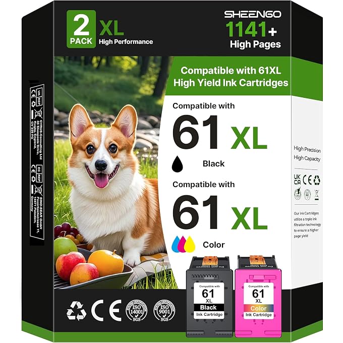 61XL Black and Color Combo Pack Replacement for 61 61XL to use with Envy 4500 5530 5534 5535 DeskJet 1000 1010 2540 2541 3050 OfficeJet 4630 4635 2620 Printer (1 Black, 1 Color)