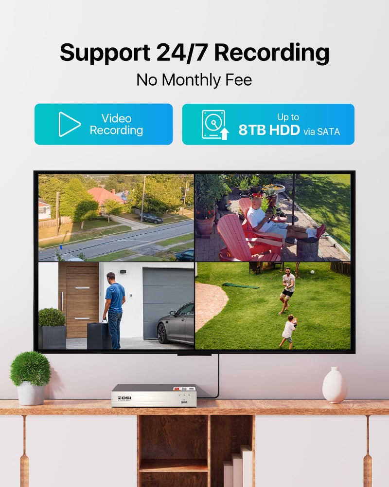 ZOSI 3K Lite Security Camera System Indoor Outdoor,AI Human/Vehicle Detection,Night Vision,Remote Access,4pcs 1080P 1920TVL Weatherproof Surveillance Cameras,H.265+ 8CH CCTV DVR(NO HDD) - Image 5