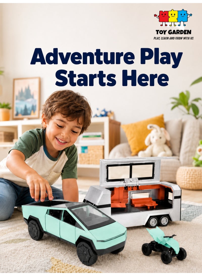 TOY GARDEN 1:32 Scale Simulation of Tesla Cybertruck Diecast Pickup Truck Model with Bike & Trailer – Alloy Toy Car with Sound & Light for Kids & Collectors - Image 1
