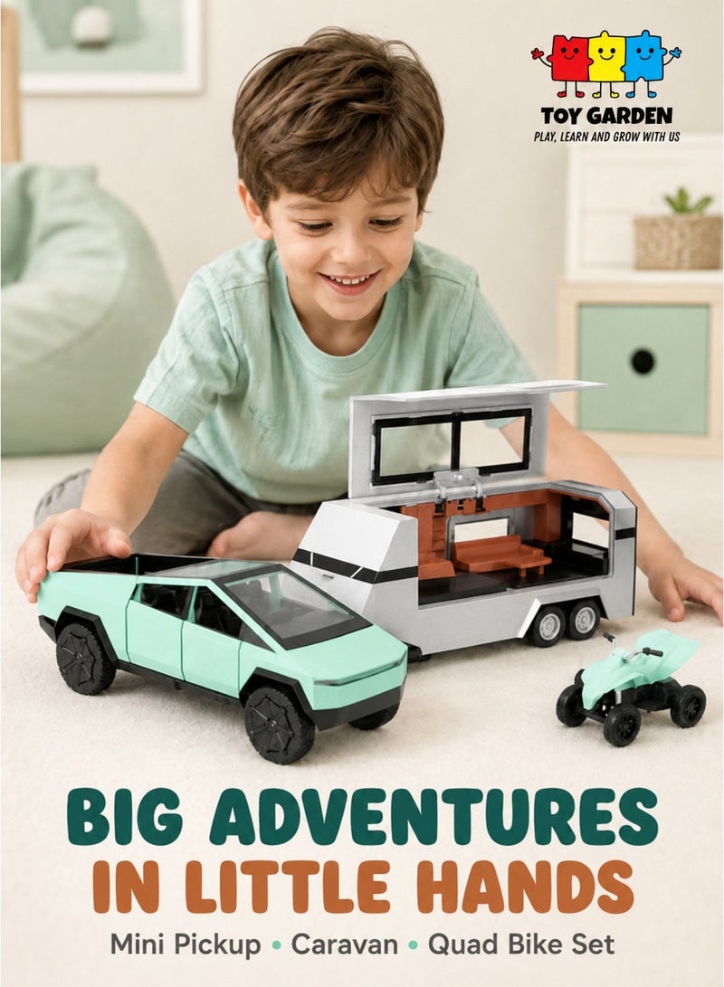 TOY GARDEN 1:32 Scale Simulation of Tesla Cybertruck Diecast Pickup Truck Model with Bike & Trailer – Alloy Toy Car with Sound & Light for Kids & Collectors - Image 1