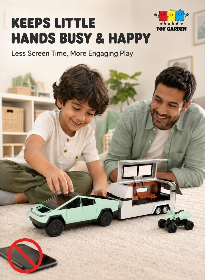 TOY GARDEN 1:32 Scale Simulation of Tesla Cybertruck Diecast Pickup Truck Model with Bike & Trailer – Alloy Toy Car with Sound & Light for Kids & Collectors - Image 2