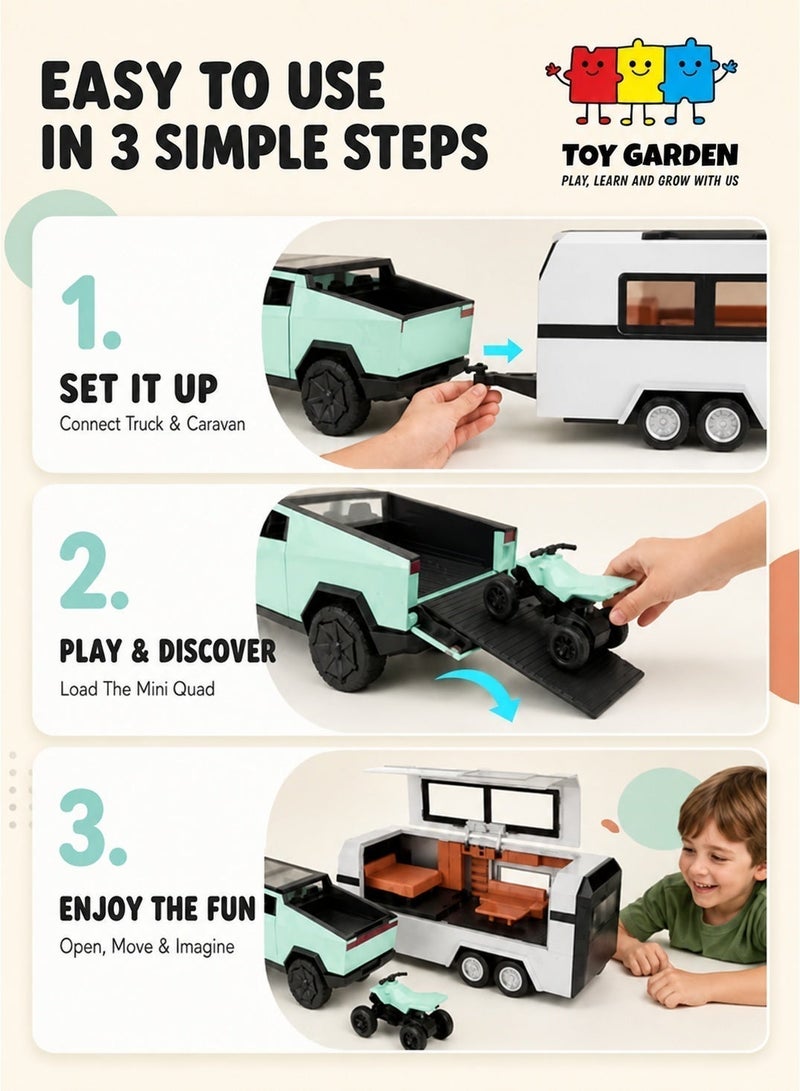 TOY GARDEN 1:32 Scale Simulation of Tesla Cybertruck Diecast Pickup Truck Model with Bike & Trailer – Alloy Toy Car with Sound & Light for Kids & Collectors - Image 5