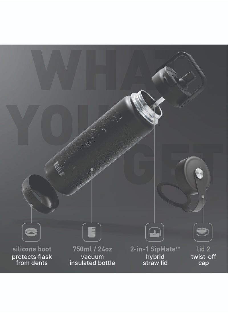 BEOLA - 750ml Vacuum Insulated Water Bottle, Double Wall Thermolab series Stainless Steel Drinking Flask with Straw Lid & Wide Mouth, 2 lids, Hot Cold Thermos Sports Bottle, 24oz (Mountain Black) - Image 1