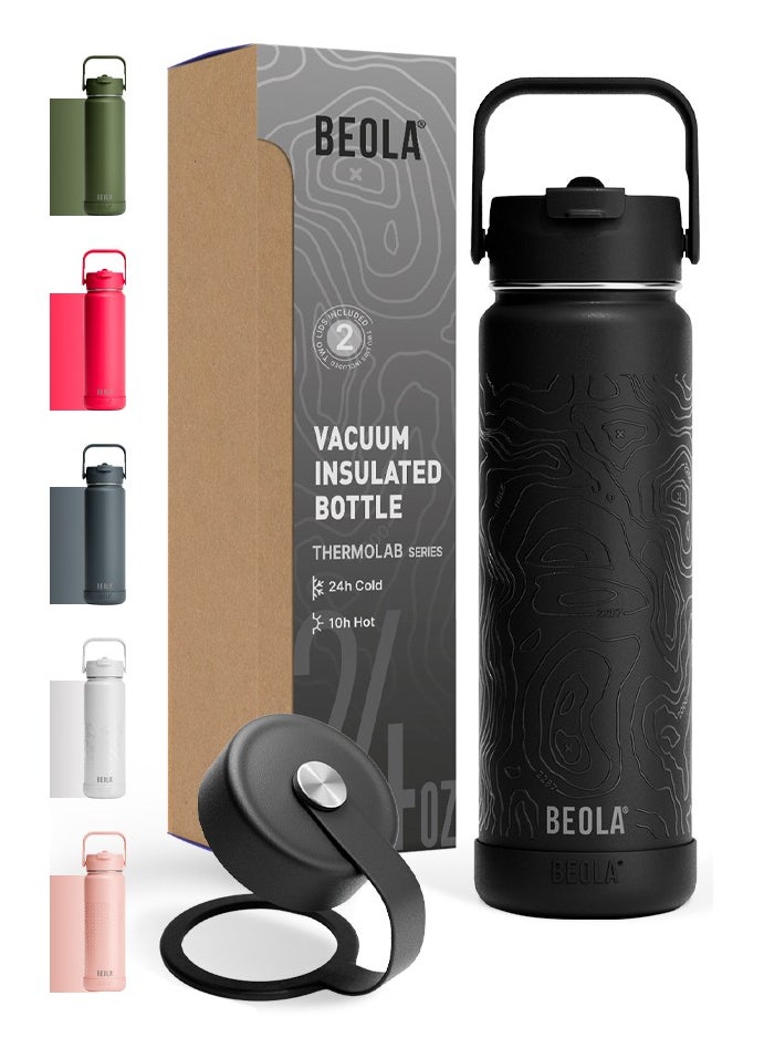 BEOLA - 750ml Vacuum Insulated Water Bottle, Double Wall Thermolab series Stainless Steel Drinking Flask with Straw Lid & Wide Mouth, 2 lids, Hot Cold Thermos Sports Bottle, 24oz (Mountain Black) - Image 1