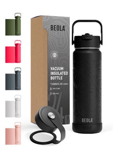 BEOLA 750ml Vacuum Insulated Water Bottle, Double Wall Thermolab series Stainless Steel Drinking Flask with Straw Lid & Wide Mouth, 2 lids, Hot Cold Thermos Sports Bottle, 24oz (Mountain Black)  - Image 1