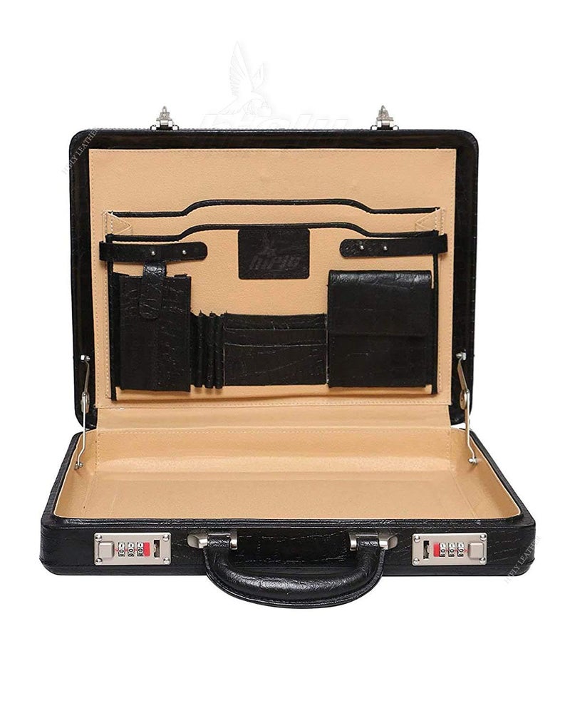 Hifly Leather Briefcase for Men - Unisex - 15.6" Laptop Case - Hard Briefcase - Office Bag - Black - Combination Lock - Image 4