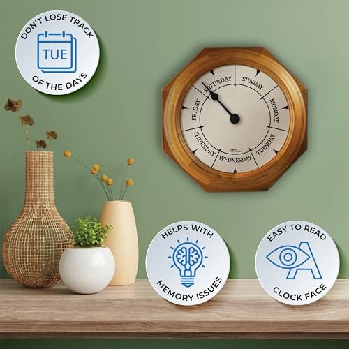DayClocks Classic Day of The Week Wall Clock with Solid Wood Frame – Calendar Day Clock – Ideal Retirement Gift for Men & Women – Oak, 10" - Image 2