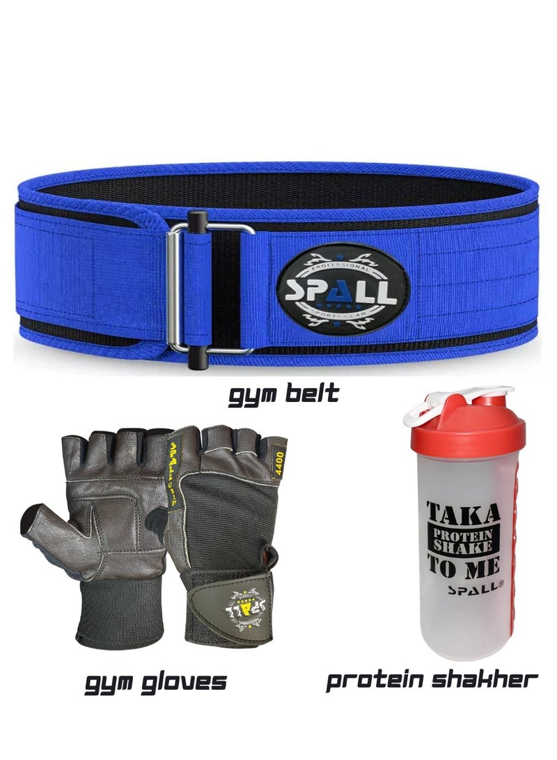 Spall Fitness Combo off Weightlifting Gym Belt, with Professional Gym Gloves & Protein Shaker Bottle Pill Holder  - Image 1