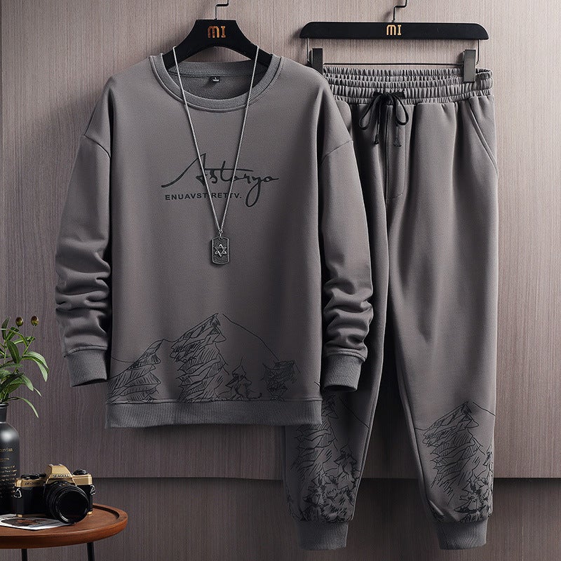 Sports Suit Mens 2024 Spring and Autumn New Youth Fashion Gradual Change Letter Round Neck Sweatshirt Casual Suit Mens 0755 dark gray