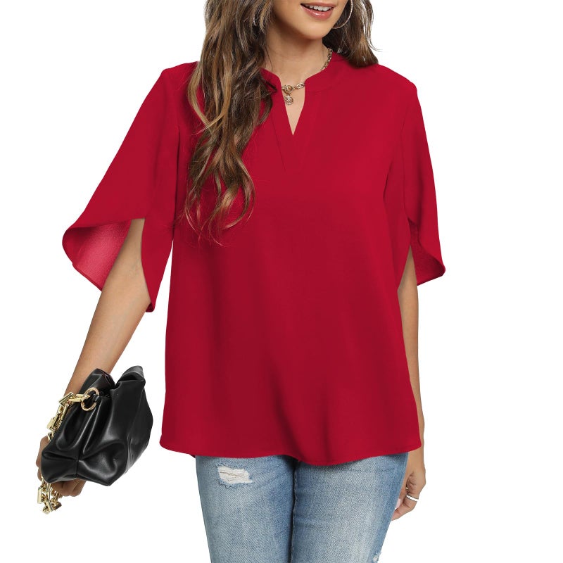 Funlingo Women's Summer Tops Short Sleeve Business Casual Shirts V Neck Chiffon Dressy Blouse Ladies Work Blusas de Mujer Red Large - Image 2