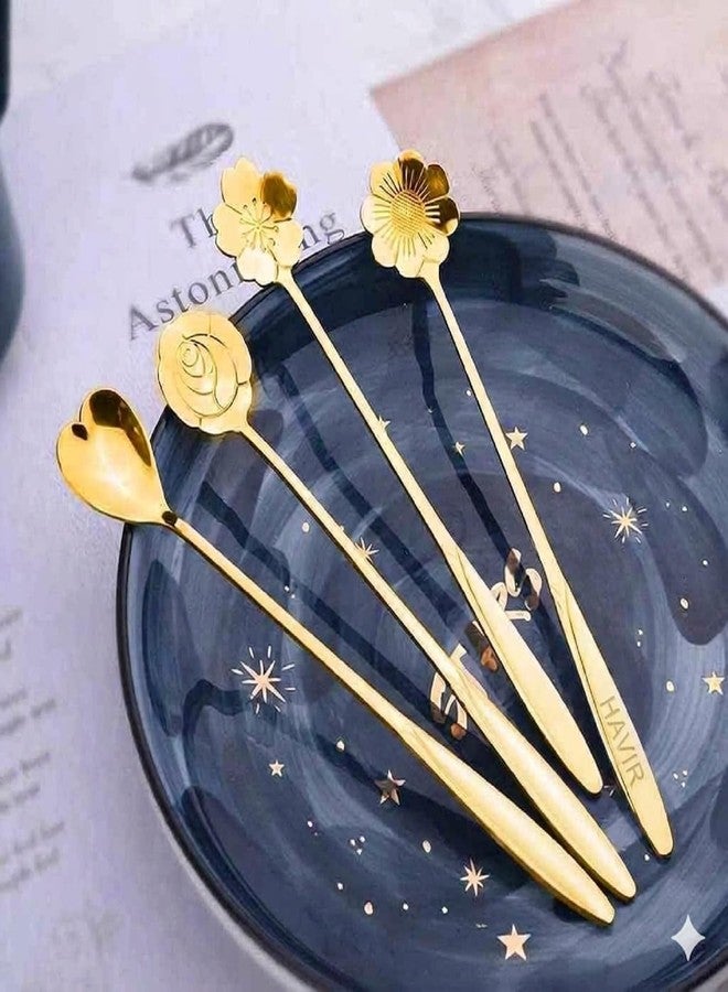 HEVIR HEVIE Gold Spoons Set of 4 - Titanium Plated Stainless Steel Dessert Tea Stirrers with Cherry Blossom, Rose, Heart & Cosmos Patterns, 7 Inch Ergonomic, Dishwasher Safe - Image 3