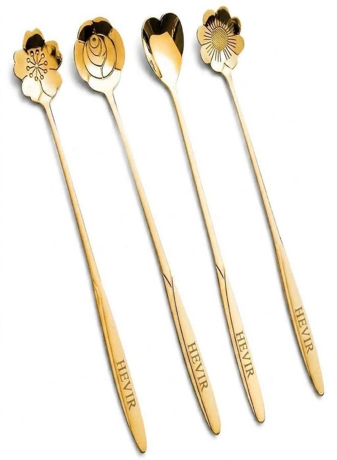 HEVIR HEVIE Gold Spoons Set of 4 - Titanium Plated Stainless Steel Dessert Tea Stirrers with Cherry Blossom, Rose, Heart & Cosmos Patterns, 7 Inch Ergonomic, Dishwasher Safe - Image 1