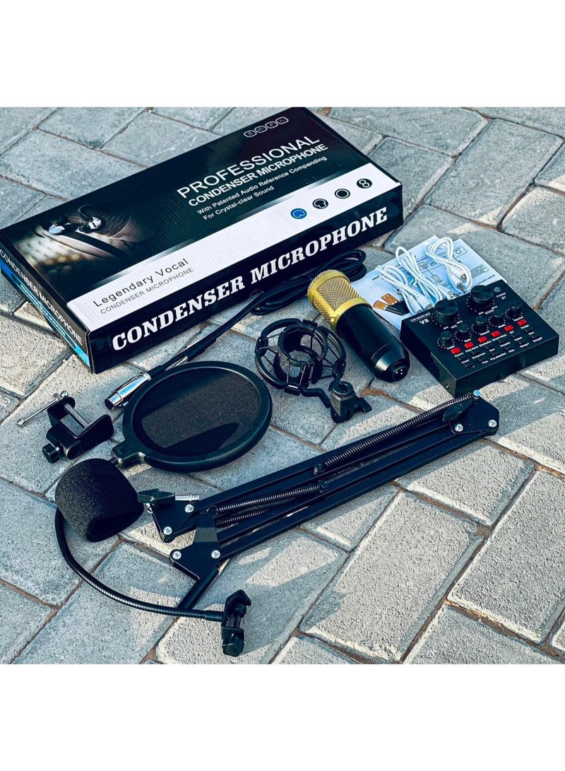 طقم ميكروفون مكثف استوديو احترافي BM-800 مع بطاقة صوت V8 وحامل ذراع مقص قابل للتعديل وفلتر بوب للبث المباشر وتسجيل الصوت - لون أسود وذهبي - Image 1