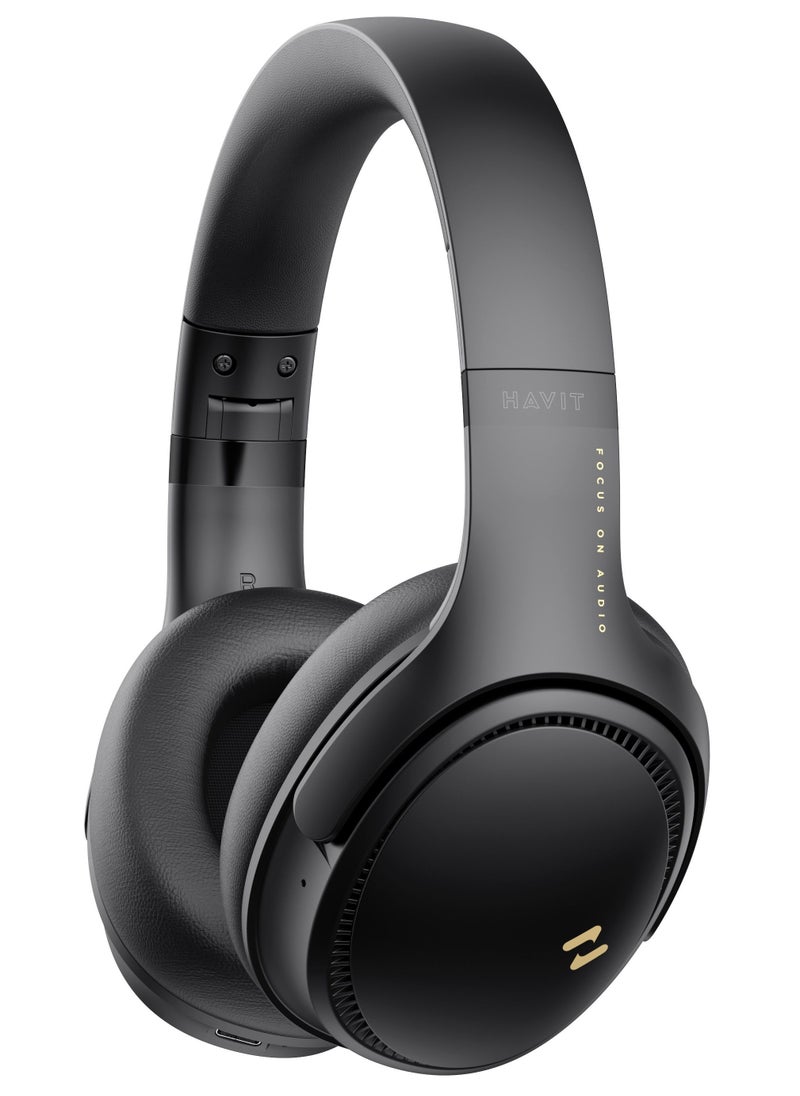 havit Bluetooth Headphones Over Ear, Active Noise Cancelling Wireless 5.3V Headphones, 50H Playtime, HiFi Stereo Headphones Wireless, Soft Ear Pad, Built-In Mic, Foldable Headphones for Phone/PC- Black  - Image 1