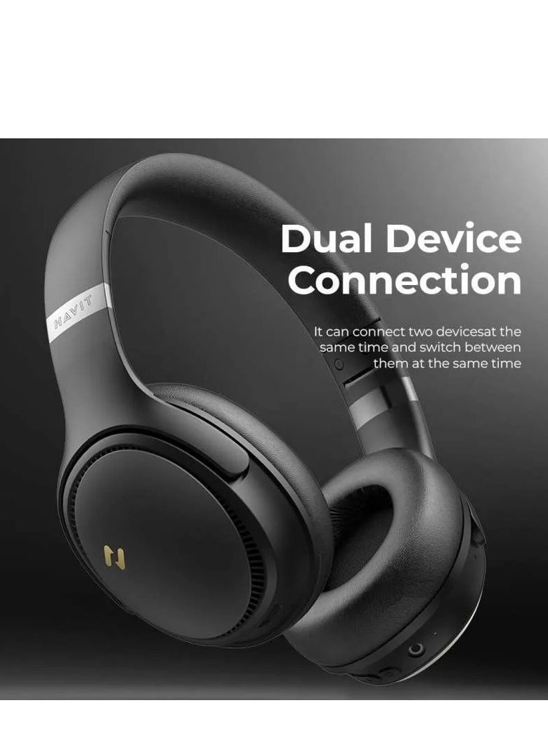 havit Bluetooth Headphones Over Ear, Active Noise Cancelling Wireless 5.3V Headphones, 50H Playtime, HiFi Stereo Headphones Wireless, Soft Ear Pad, Built-In Mic, Foldable Headphones for Phone/PC- Black  - Image 3