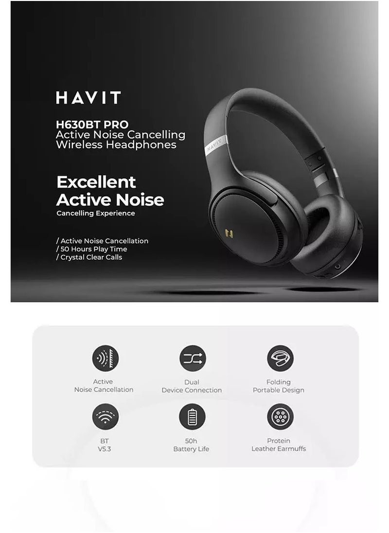 havit Bluetooth Headphones Over Ear, Active Noise Cancelling Wireless 5.3V Headphones, 50H Playtime, HiFi Stereo Headphones Wireless, Soft Ear Pad, Built-In Mic, Foldable Headphones for Phone/PC- Black  - Image 2