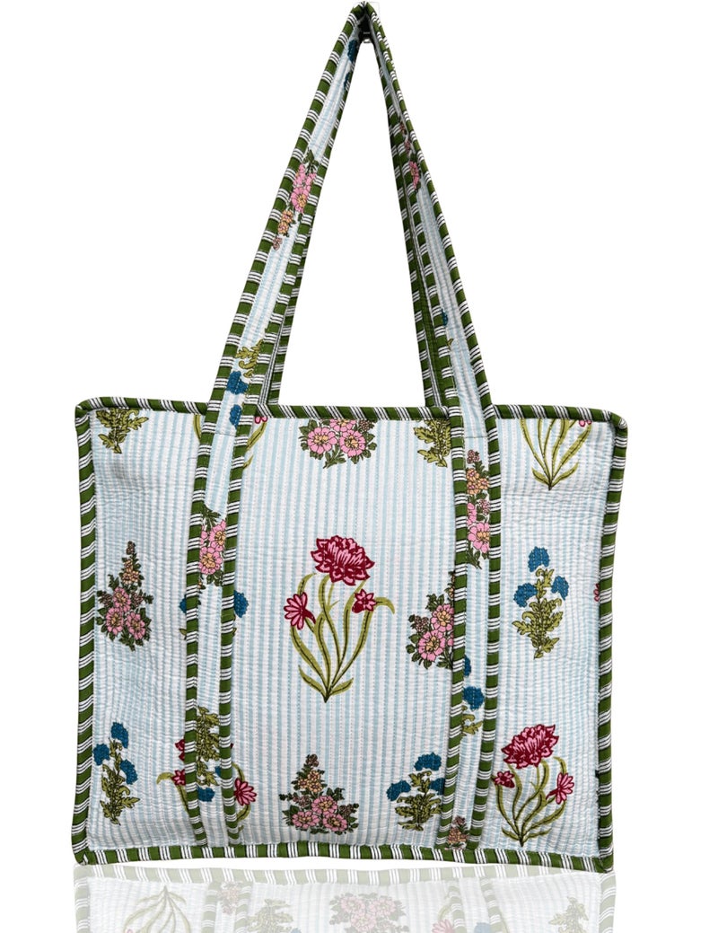 Third Eye Export 100% Cotton Quilted Tote Bag 18x16â€“ Large Zipper Beach Bag & Travel Bag White Purse Reusable Grocery Bags (Galactica Green Floral Print) - Image 1