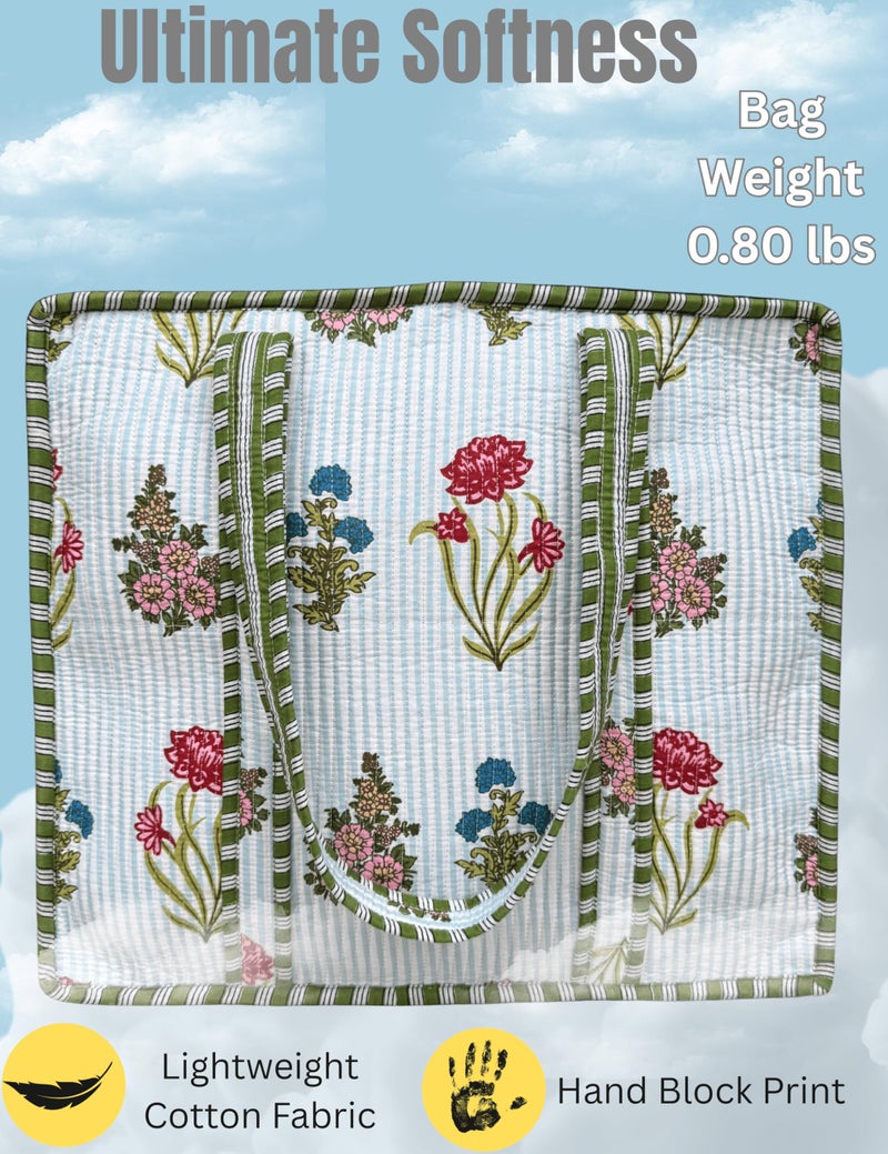 Third Eye Export 100% Cotton Quilted Tote Bag 18x16â€“ Large Zipper Beach Bag & Travel Bag White Purse Reusable Grocery Bags (Galactica Green Floral Print) - Image 3