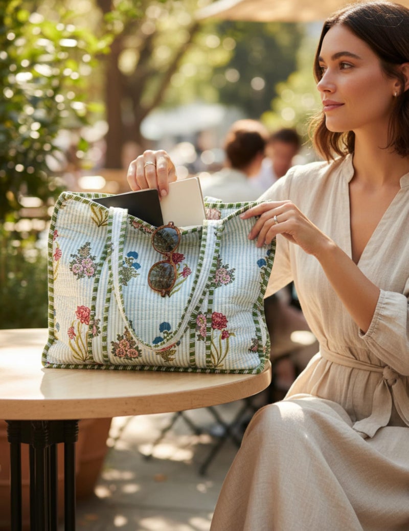 Third Eye Export 100% Cotton Quilted Tote Bag 18x16â€“ Large Zipper Beach Bag & Travel Bag White Purse Reusable Grocery Bags (Galactica Green Floral Print) - Image 2