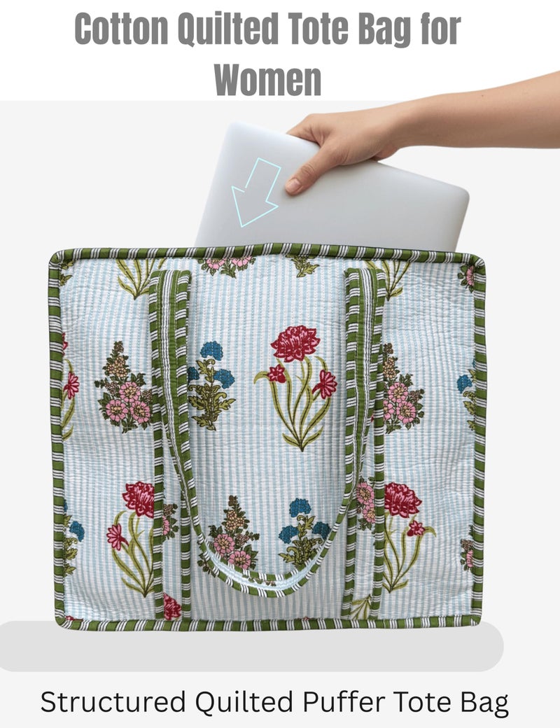 Third Eye Export 100% Cotton Quilted Tote Bag 18x16â€“ Large Zipper Beach Bag & Travel Bag White Purse Reusable Grocery Bags (Galactica Green Floral Print) - Image 5