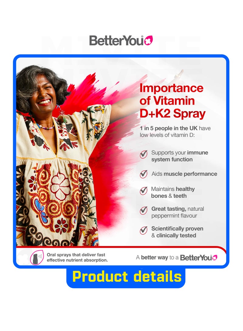 BetterYou Vitamin D3 K2 Oral Spray, Fast Acting Vitamin D 3000 IU + Vitamin K2 (MK7) Supplement, Supports Bones, Teeth, Immune System & Blood Clotting, 1-Month Supply - Image 2