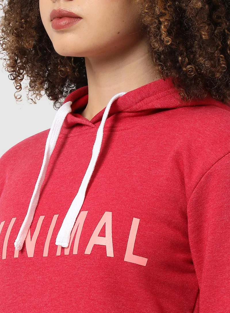 Campus Sutra Women's Red Minimal Hoodie With Kangaroo Pockets For Casual Wear | Hooded Neck  | Long Sleeve | Pull On Closure | Cotton Sweatshirt Crafted With Comfort Fit For Everyday Wear