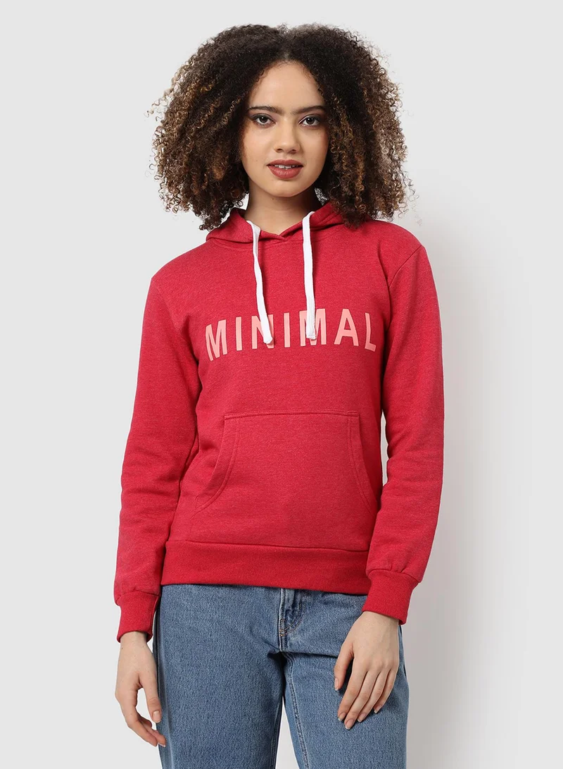 Campus Sutra Women's Red Minimal Hoodie With Kangaroo Pockets For Casual Wear | Hooded Neck  | Long Sleeve | Pull On Closure | Cotton Sweatshirt Crafted With Comfort Fit For Everyday Wear