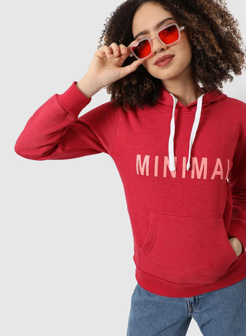 Campus Sutra Women's Red Minimal Hoodie With Kangaroo Pockets For Casual Wear | Hooded Neck  | Long Sleeve | Pull On Closure | Cotton Sweatshirt Crafted With Comfort Fit For Everyday Wear