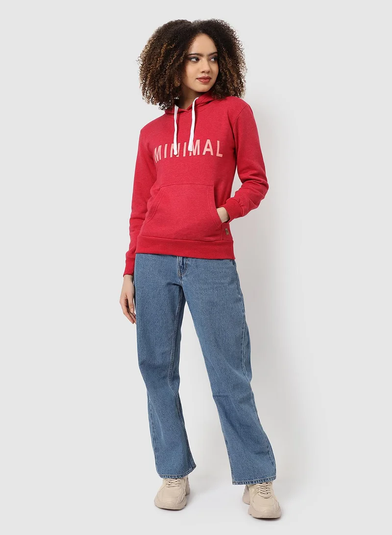 Campus Sutra Women's Red Minimal Hoodie With Kangaroo Pockets For Casual Wear | Hooded Neck  | Long Sleeve | Pull On Closure | Cotton Sweatshirt Crafted With Comfort Fit For Everyday Wear