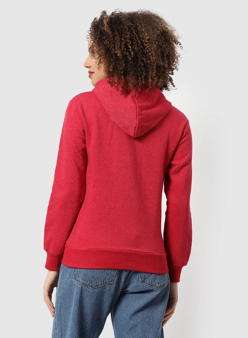 Campus Sutra Women's Red Minimal Hoodie With Kangaroo Pockets For Casual Wear | Hooded Neck  | Long Sleeve | Pull On Closure | Cotton Sweatshirt Crafted With Comfort Fit For Everyday Wear