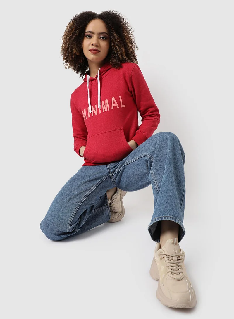 Campus Sutra Women's Red Minimal Hoodie With Kangaroo Pockets For Casual Wear | Hooded Neck  | Long Sleeve | Pull On Closure | Cotton Sweatshirt Crafted With Comfort Fit For Everyday Wear