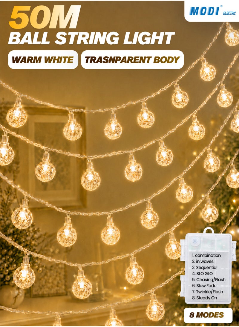 MODI 50 Meter 360LED Outdoor Warm Color Ball Ramadan String Lights with 8 Lighting Modes - White Wire, 20W IP44 Waterproof Warm White Crystal  – Camping, Eid, Christmas, Newyear, Diwali, Holiday Decor Lights - Image 1