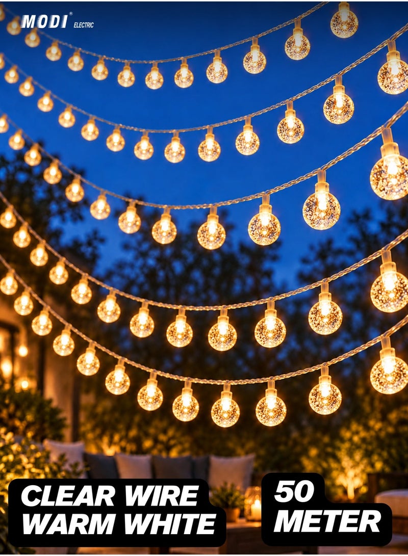 MODI 50 Meter 360LED Outdoor Warm Color Ball Ramadan String Lights with 8 Lighting Modes - White Wire, 20W IP44 Waterproof Warm White Crystal  – Camping, Eid, Christmas, Newyear, Diwali, Holiday Decor Lights - Image 1