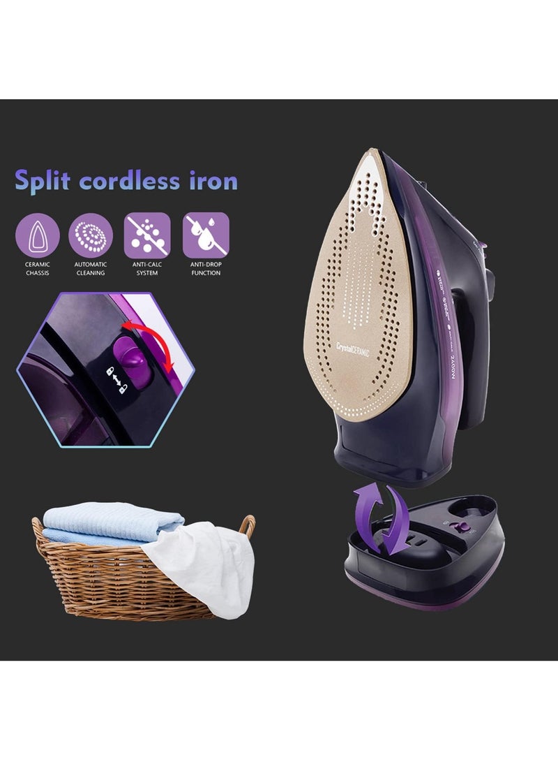 Steam iron 2400W Portable Cordless Steam Iron for Clothes with Non-Stick Soleplate Travel Steam Iron Mini Wireless with Control System Suitable for All Kind of Garments Garment Steamer (Purple)  - Image 3