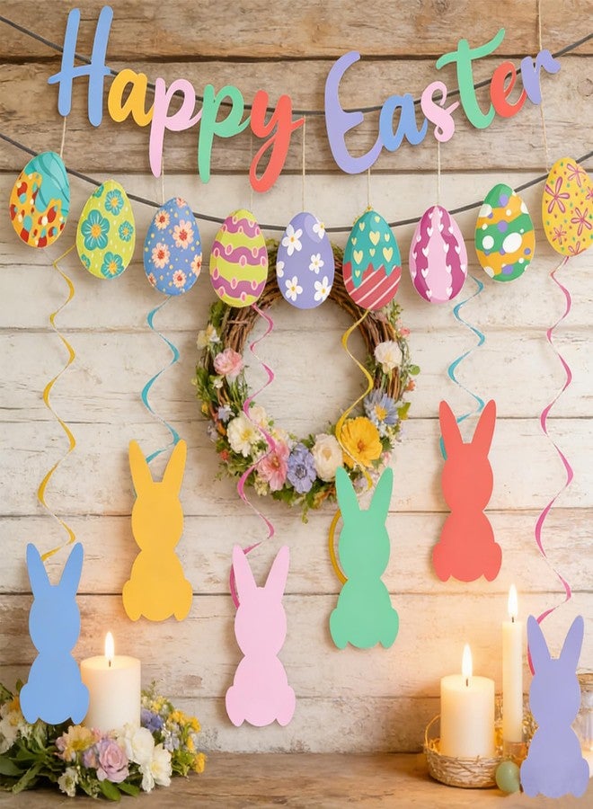 KFJBPB لافتة عيد فصح سعيد، إكليل بيض مع أرنب معلق حلزوني وإكسسوارات، مجموعة زينة لحفلات عيد الفصح للمنزل والمكتب والمدفأة والديكورات الداخلية والخارجية والفصول الدراسية - Image 4