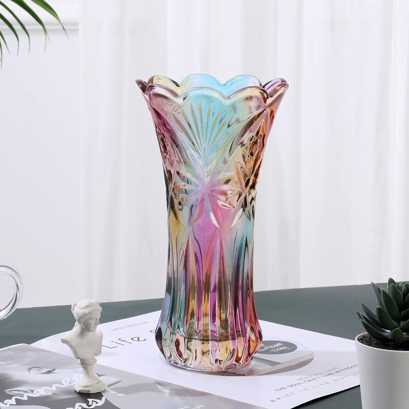 Yuccasly Glass Colorful Vase Glass Flower Vase Decor for Home Dining Table Living Room Office Wedding Holiday Party Handmade Pattern(Phoenix Tail Style) - Image 2