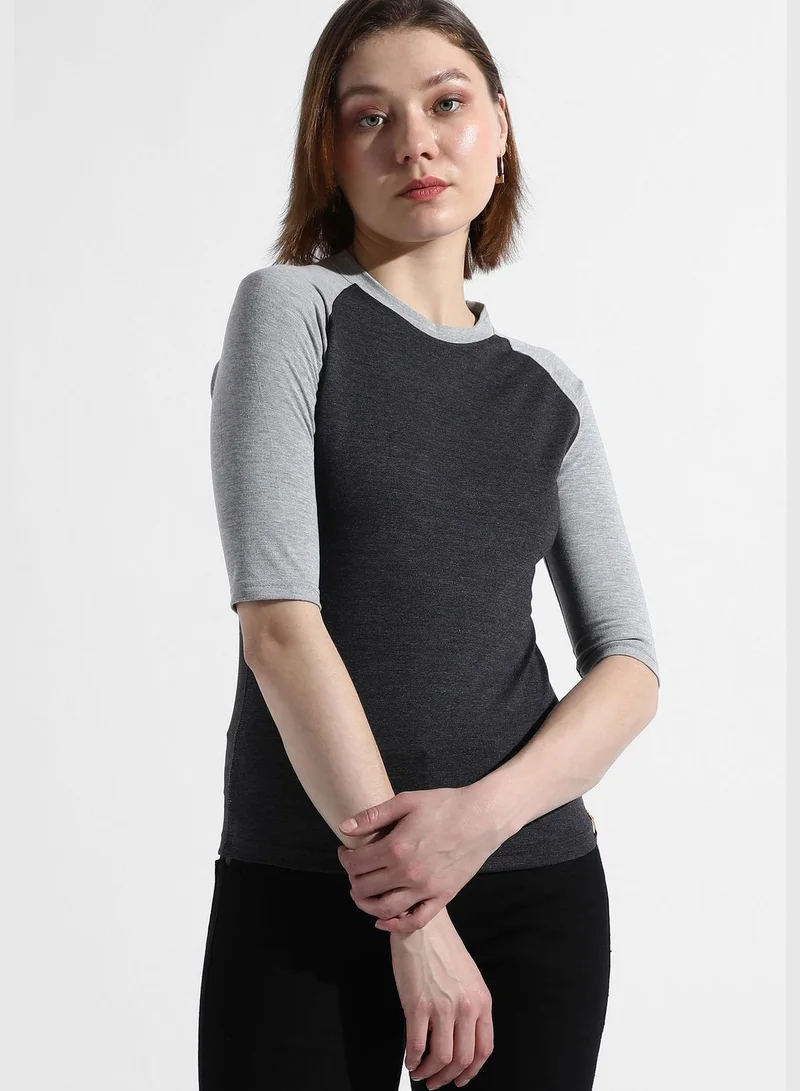 Campus Sutra Women's Charcoal Grey Colourblocked Regular Fit Top