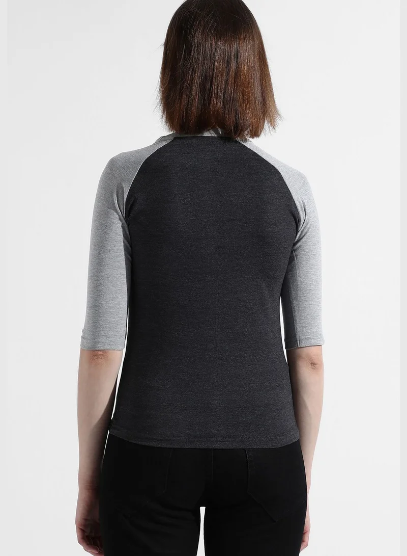 Campus Sutra Women's Charcoal Grey Colourblocked Regular Fit Top