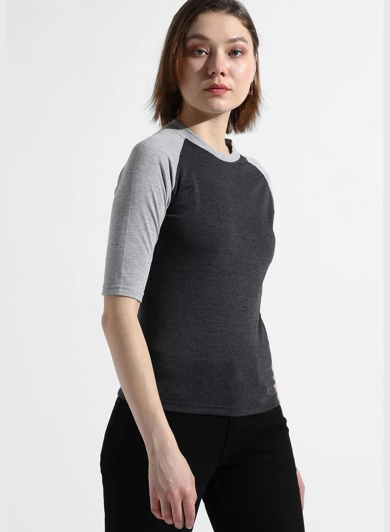 Campus Sutra Women's Charcoal Grey Colourblocked Regular Fit Top