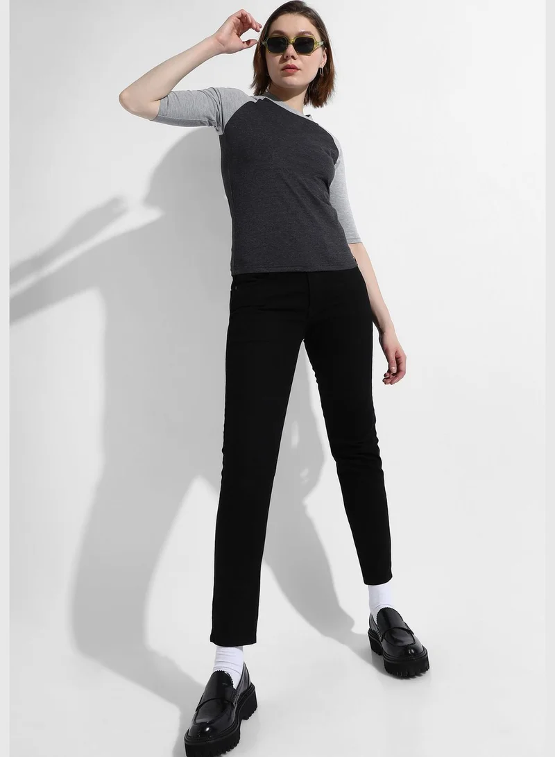 Campus Sutra Women's Charcoal Grey Colourblocked Regular Fit Top