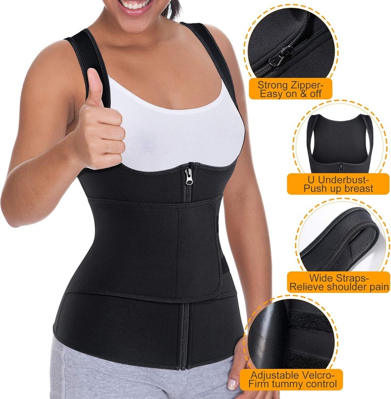 Nebility GAODI Women Waist Trainer Vest Slim Corset Neoprene Sauna Tank Top Zipper Workout Body Shaper Shirt (XL, Black Sauna Vest) - Image 3