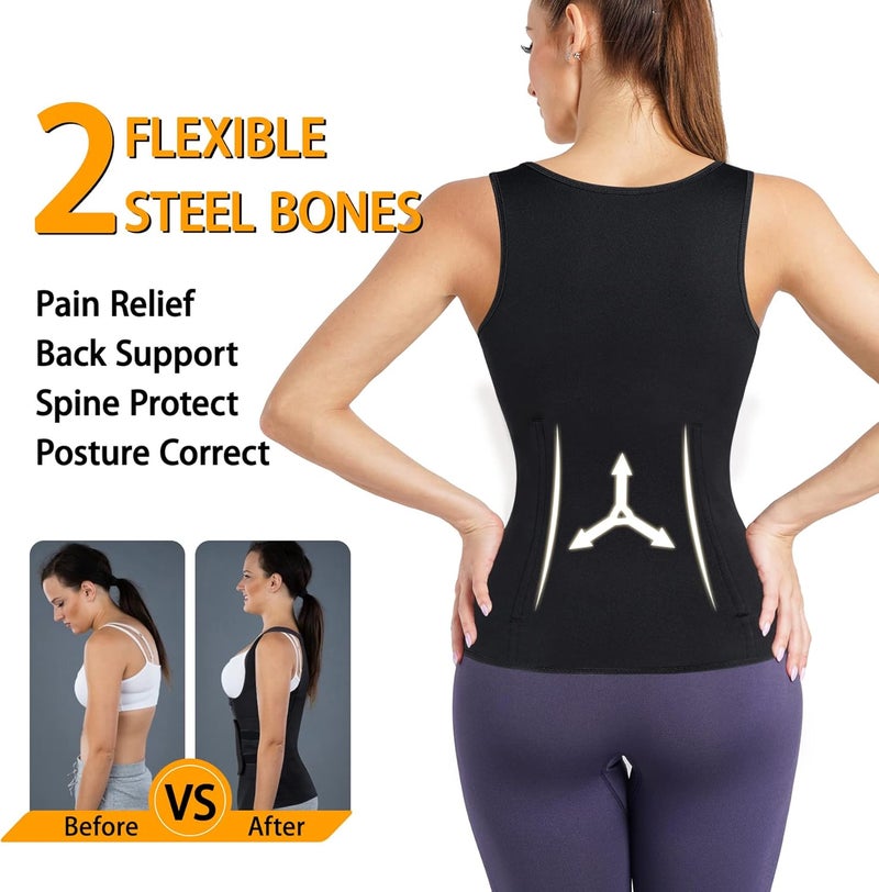 Nebility GAODI Women Waist Trainer Vest Slim Corset Neoprene Sauna Tank Top Zipper Workout Body Shaper Shirt (XL, Black Sauna Vest) - Image 2