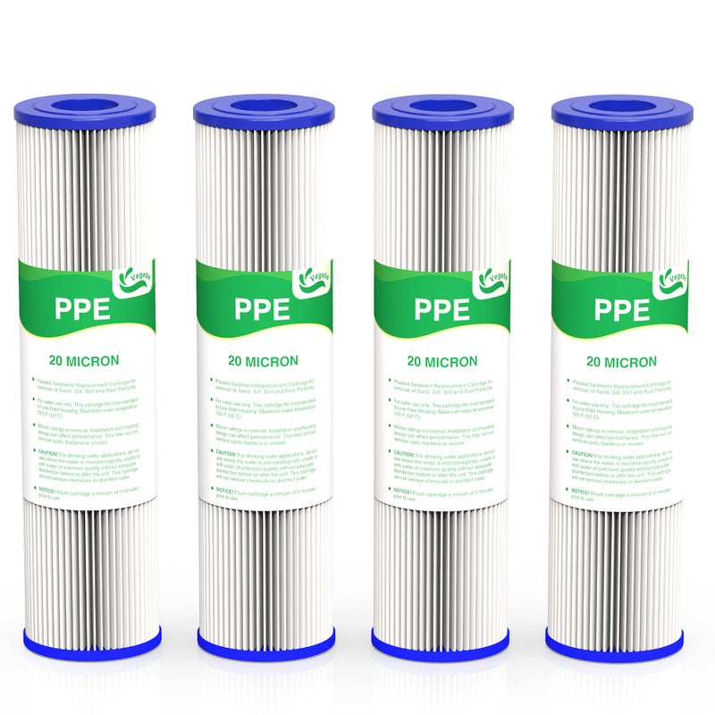 VEGEBE 20 Micron Water Filter 10 x 25 10inch Whole House Sediment PreFilters for Well  Tap water Replacement Cartridge for FXWPC EQPFC35 ECP510 S1 3WHSTDPLF02 SPC251005 4Pack