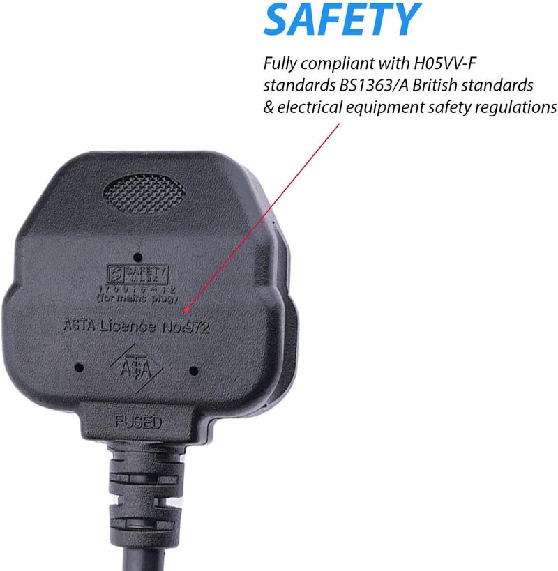 لايت-آن كابل طاقة، قابس بريطاني 3 أطراف BS 1363 إلى IEC C13 ليتناسب مع مدخل IEC C14 - سلك غلاية، سلك طاقة، سلك IEC - مصبوب بالكامل مع فيوز قابل للاستبدال 5 أمبير - 3.3 قدم / 1 متر، أسود - Image 3