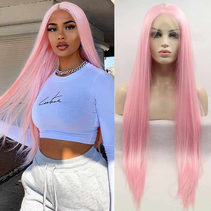 Xiweiya xiweiya Candy Baby Pink Wigs U Lace Long Silk Straight Glueless Swiss Lace Wigs Heat Resistant Cute Pink Wig Pre Plucked Natural Hairline for DIY Party Drag Queen Halloween